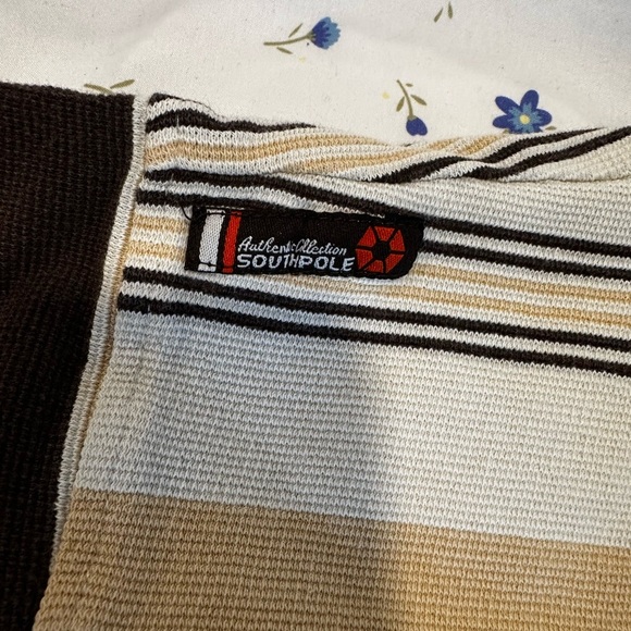 Vintage 90s Y2K South Pole Sz: 3XL Tan & Dark Brown Striped Short Sleeve Polo. - Picture 9 of 16